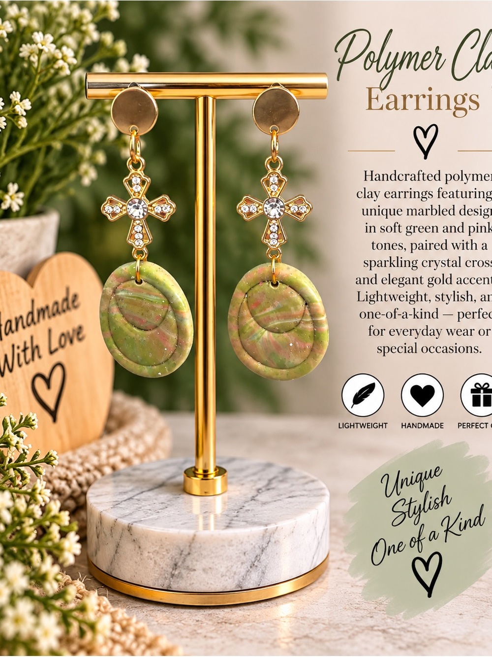 Handmade Green Marble Cross Drop Earrings with Gold Accents